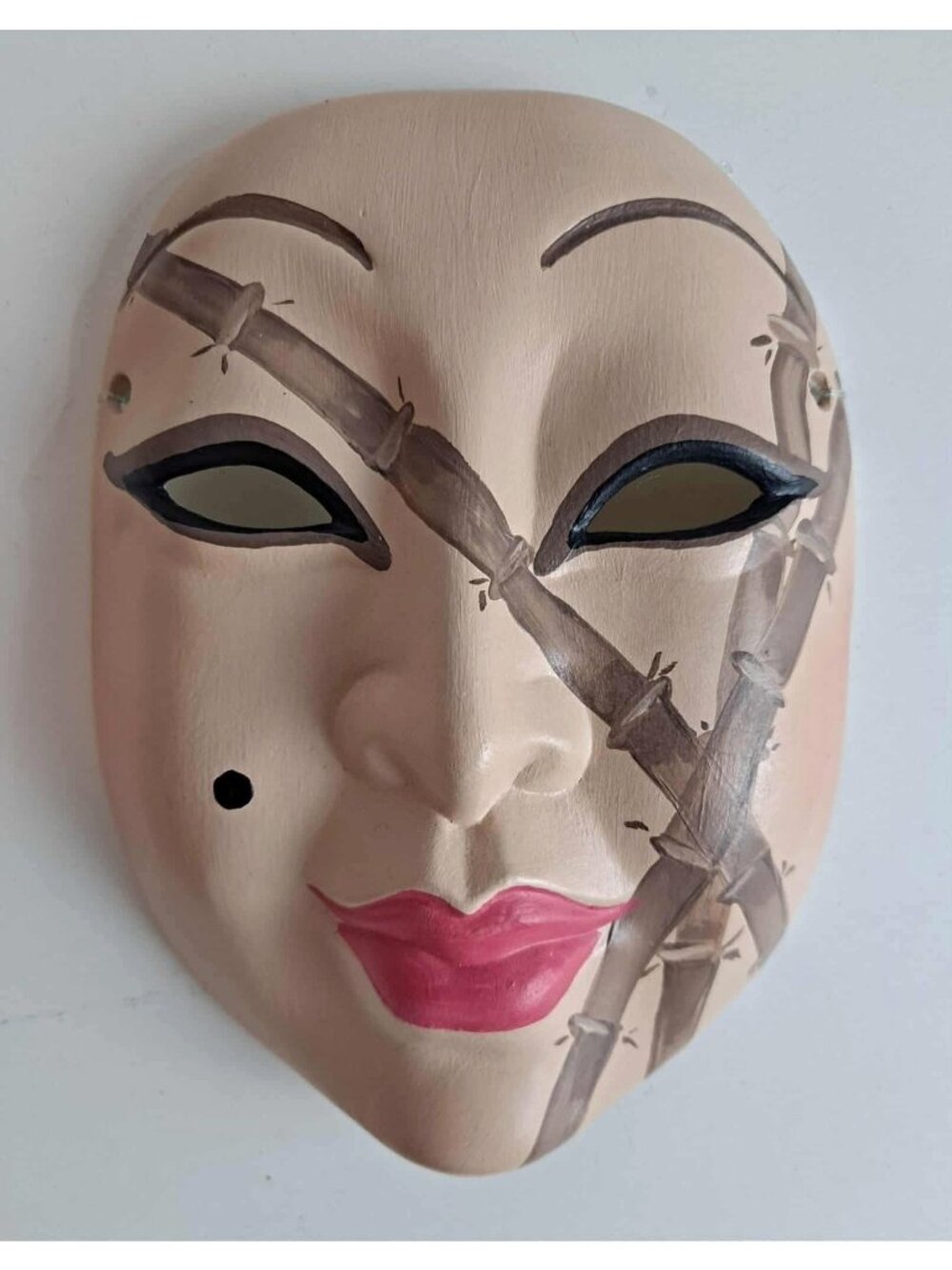 Hand-Painted Asian-Inspired Ceramic Mask With Bamboo Motif & Red Lips 1980s Wall